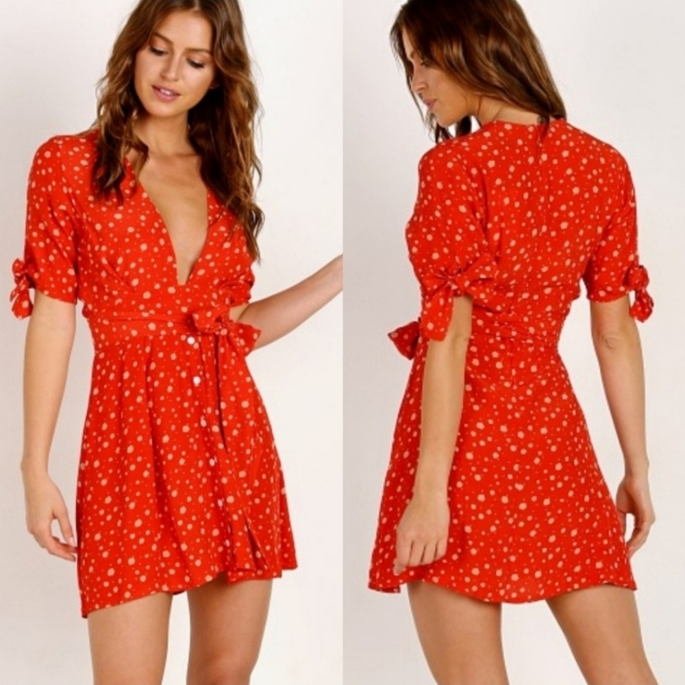 Faithfull The Brand Birgit Dress NEW Deep V Tie Waist Mini Dress Womens 6 Red